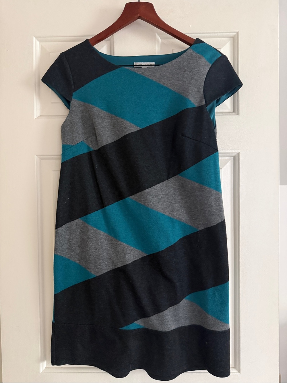 Sandra Darren Teal, Gray & Black Diagonal Stripe Cap Sleeve Dress